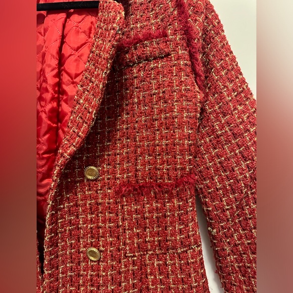 RED DOUBLE BREASTED PLAID TWEED SUIT JACKET - Picture 4 of 10